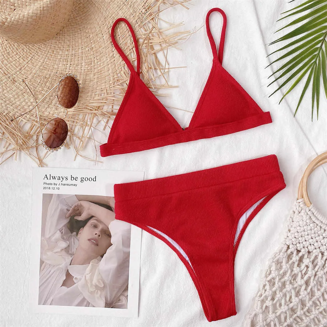 5 Color S - XL Sexy Female Swimsuit High Waist Bikini Women Swimwear Two-pieces Bikini set Ribbed Bather Bathing Suit Swim V2328