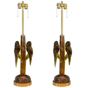 Alfredo Barbini Amber Colored Murano Glass Parrot Lamps