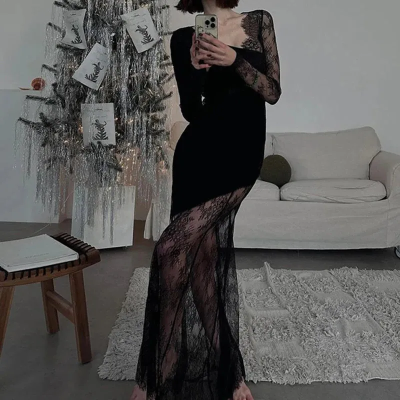 Asymmetrical Black Sexy Lace Dress Party Elegant Transparent Fashion Long Dress Women Prom Evening Outfits Summer New