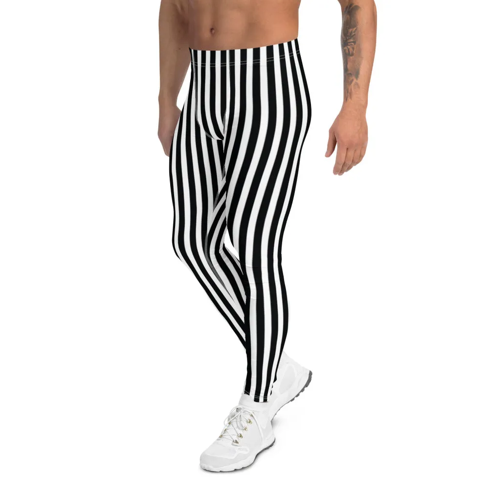 Best Striped Men's Leggings, Black White Athletic Running Elastic Tights For Men-Made in USA/EU