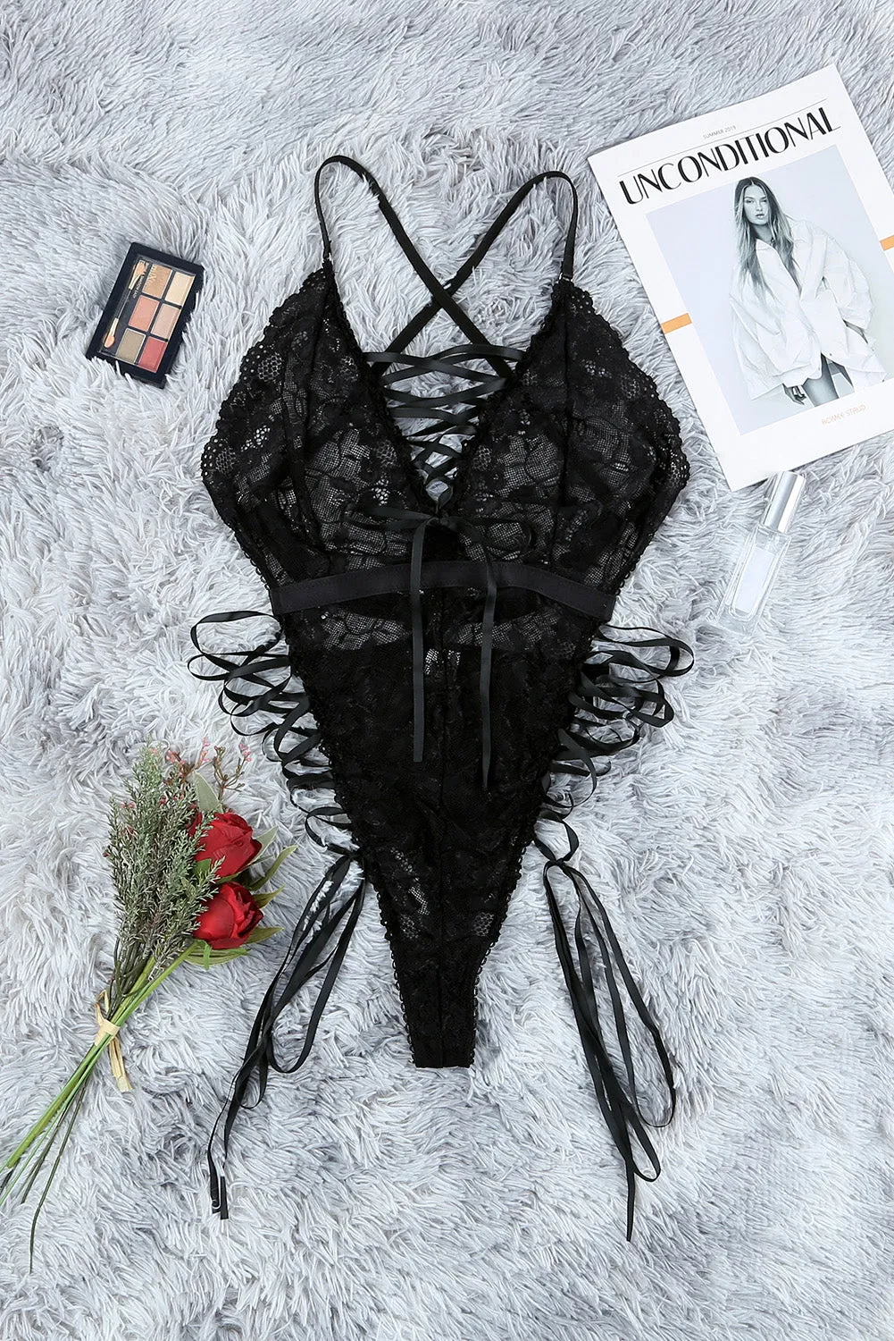 Black Criss Cross Snap Crotch Teddy Lingerie