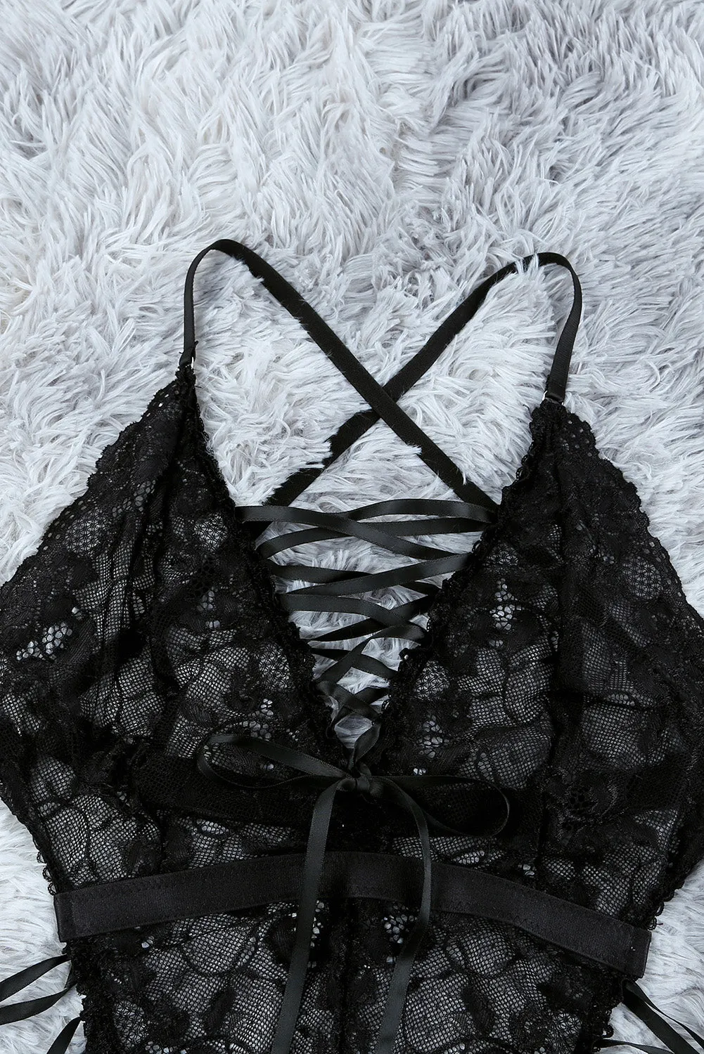 Black Criss Cross Snap Crotch Teddy Lingerie