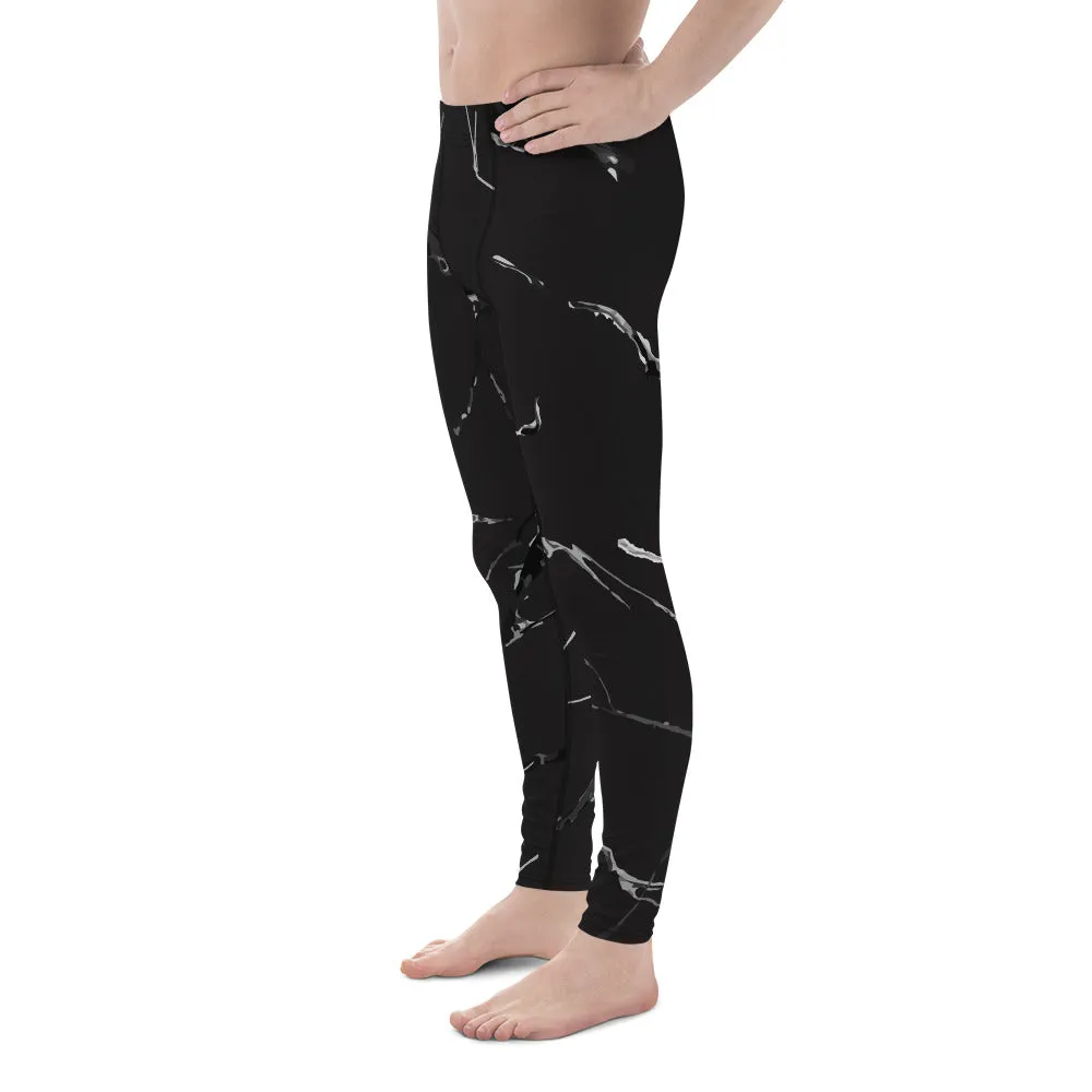 Black Marble Print Sexy Meggings, Premium Men's Workout Leggings-Made in USA/EU