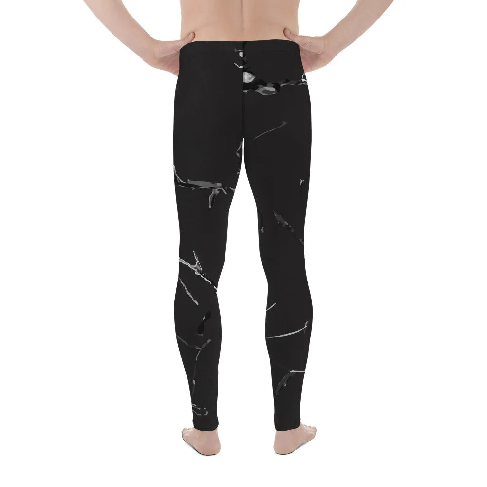 Black Marble Print Sexy Meggings, Premium Men's Workout Leggings-Made in USA/EU