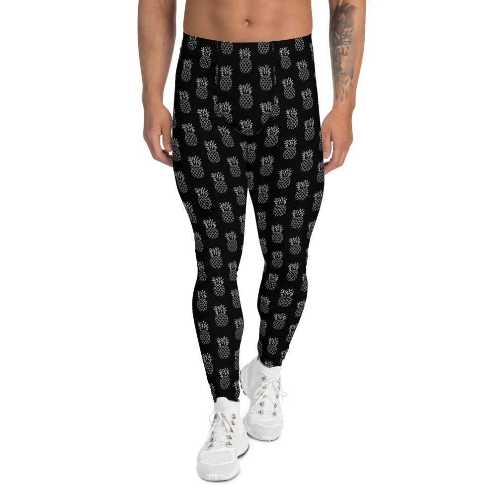 Black Pineapple Print Men's Leggings, Fun Tropical Fruit Pineapple Meggings-Made in USA/EU