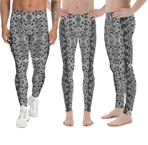 Black Snake Print Men's Leggings, Sexy Snake Reptile Skin Print Meggings-Made in USA/MX/EU