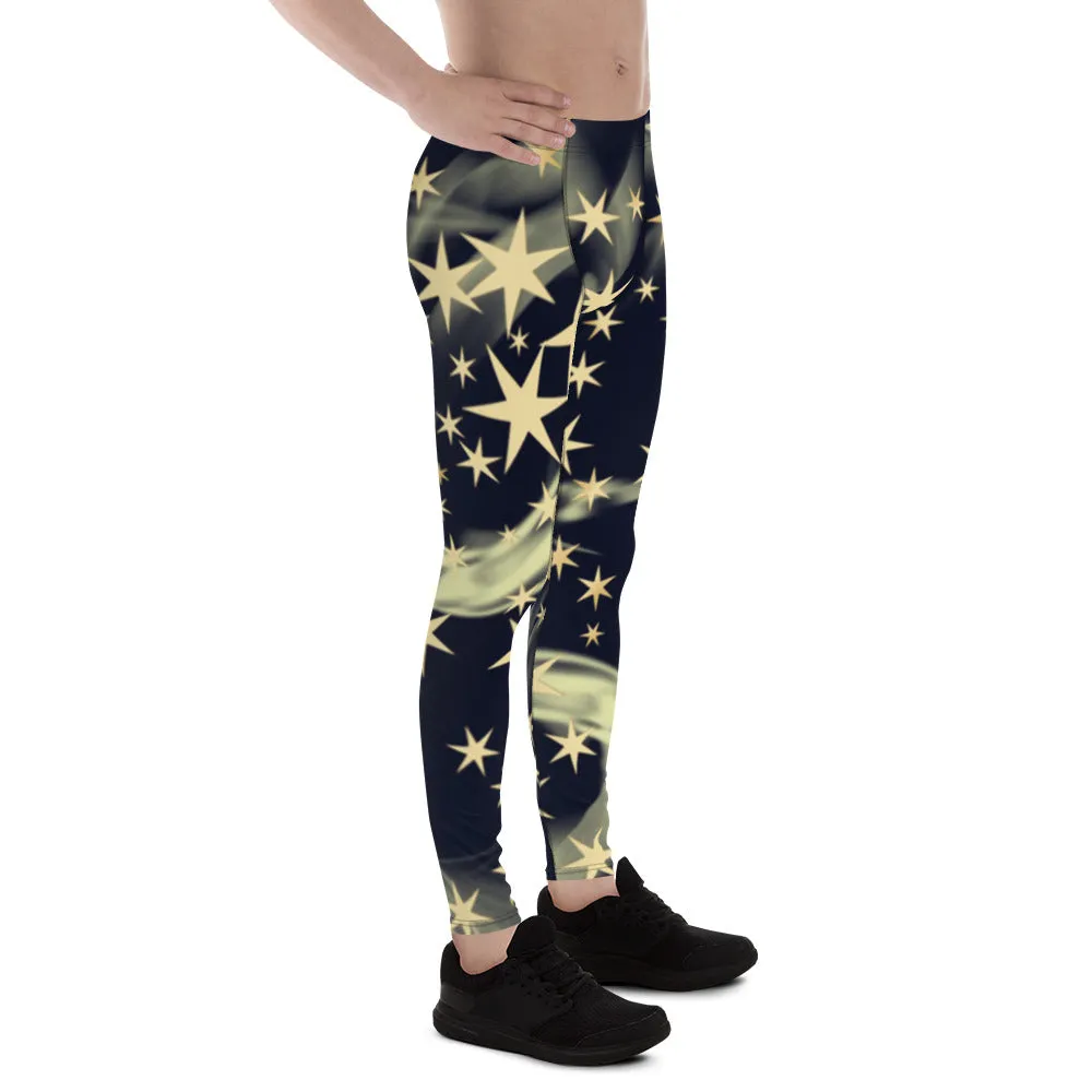 Black Starry Print Men's Leggings, Stars Pattern Meggings Compression Tights-Made in USA/EU/MX