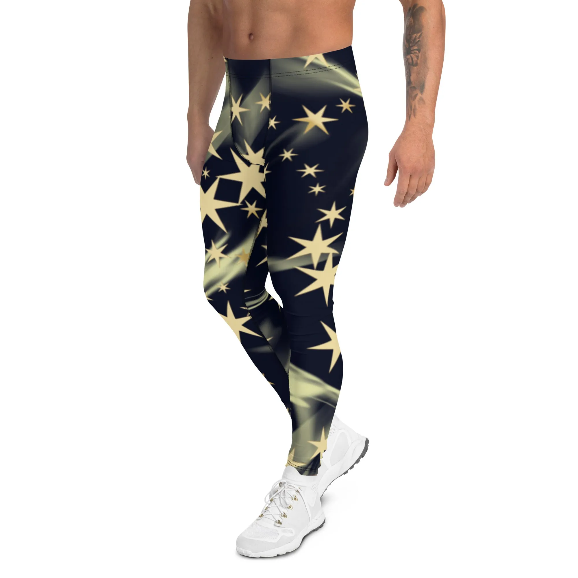 Black Starry Print Men's Leggings, Stars Pattern Meggings Compression Tights-Made in USA/EU/MX