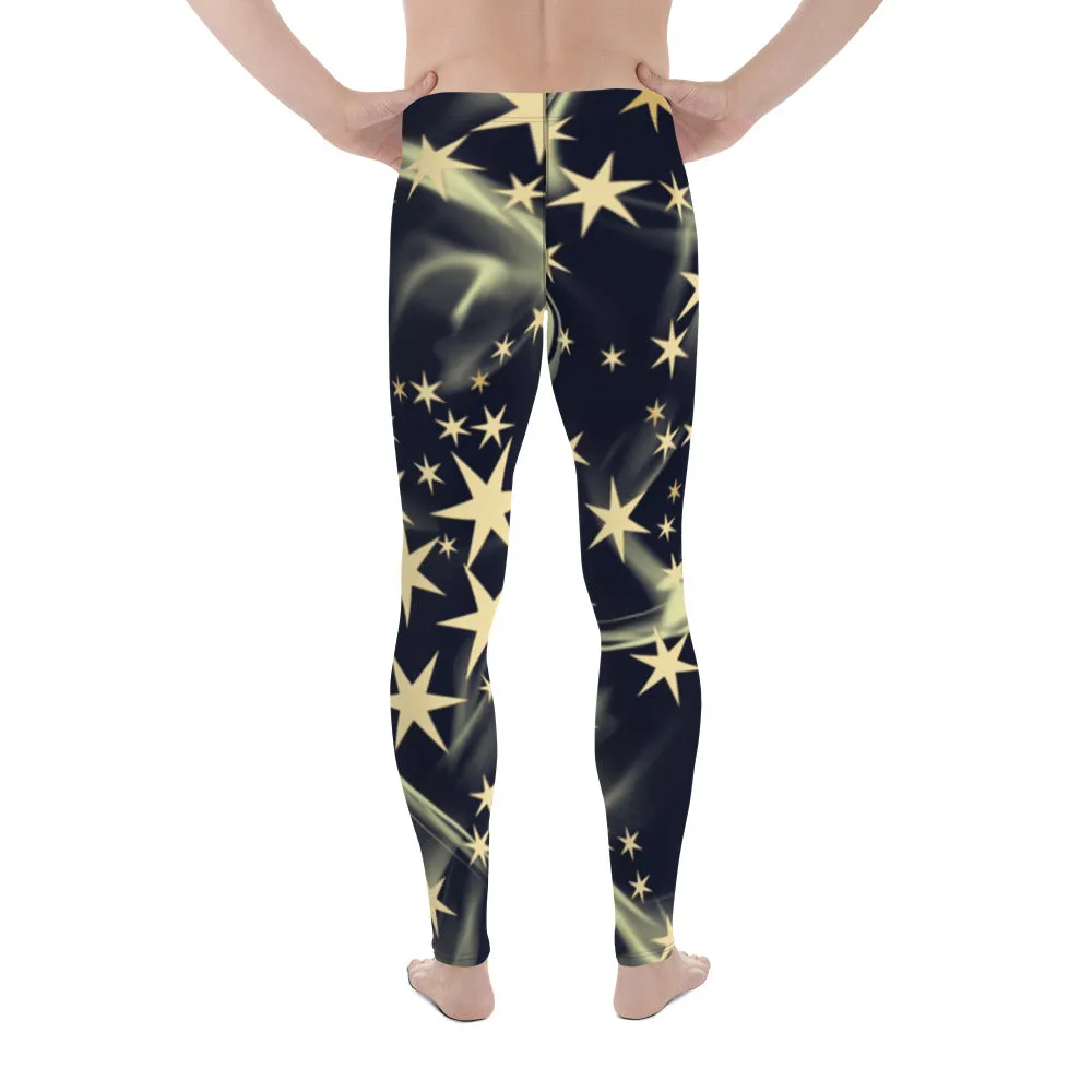 Black Starry Print Men's Leggings, Stars Pattern Meggings Compression Tights-Made in USA/EU/MX