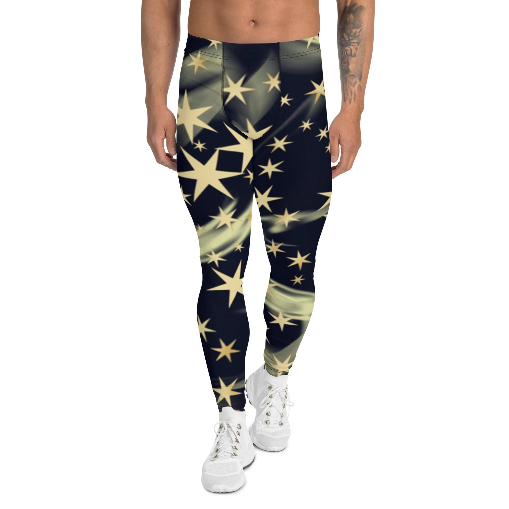 Black Starry Print Men's Leggings, Stars Pattern Meggings Compression Tights-Made in USA/EU/MX