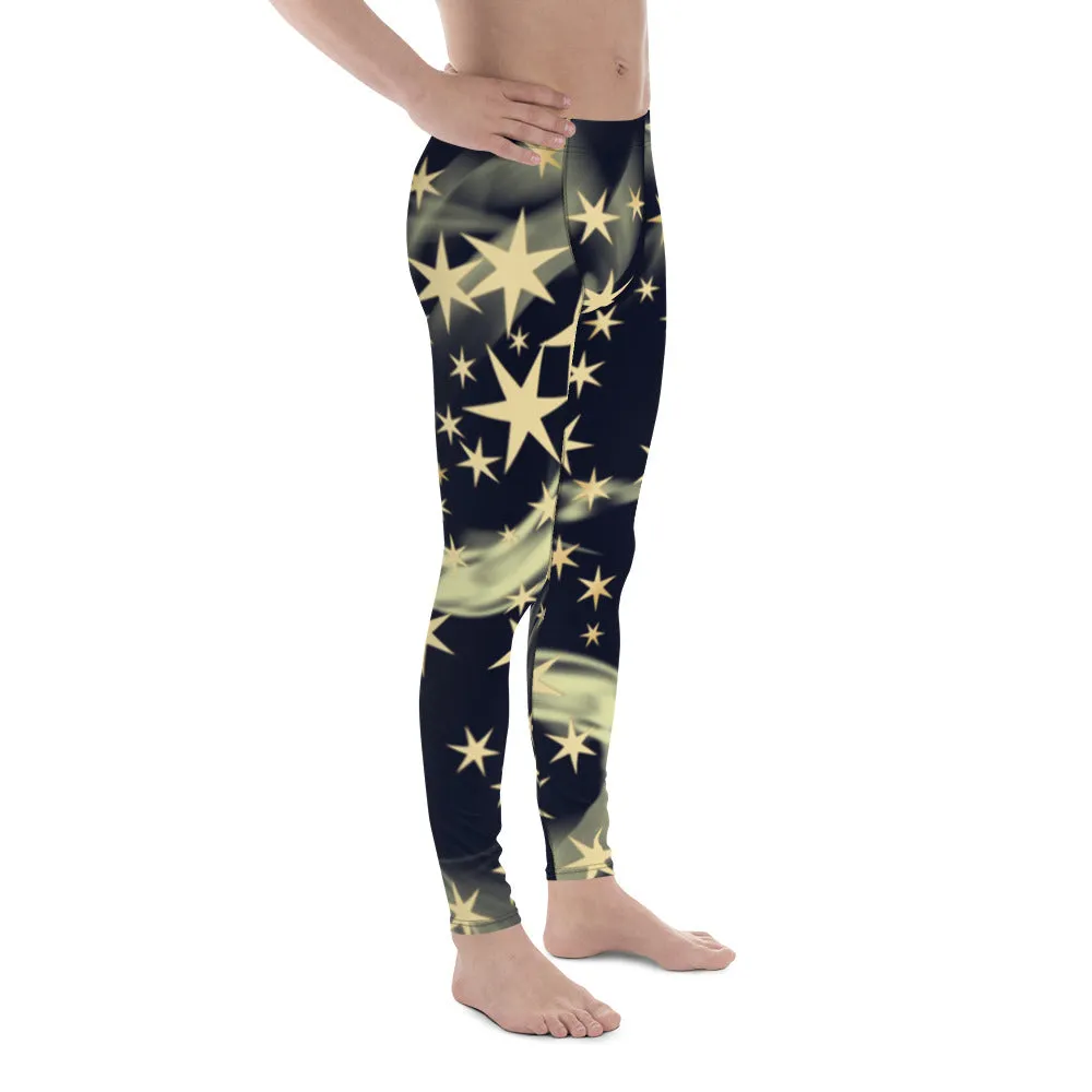 Black Starry Print Men's Leggings, Stars Pattern Meggings Compression Tights-Made in USA/EU/MX