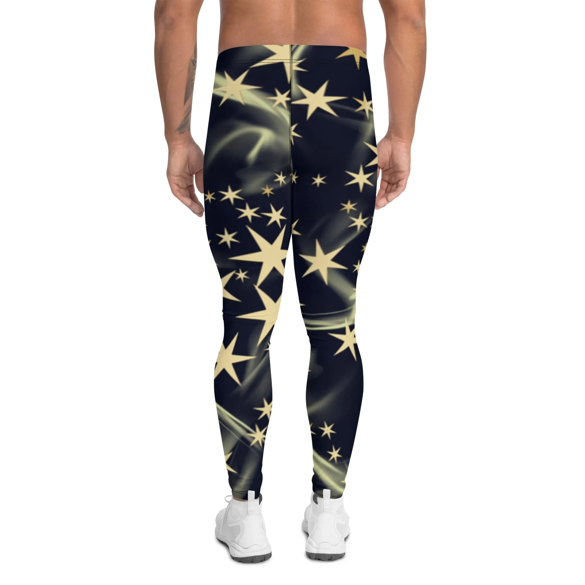 Black Starry Print Men's Leggings, Stars Pattern Meggings Compression Tights-Made in USA/EU/MX