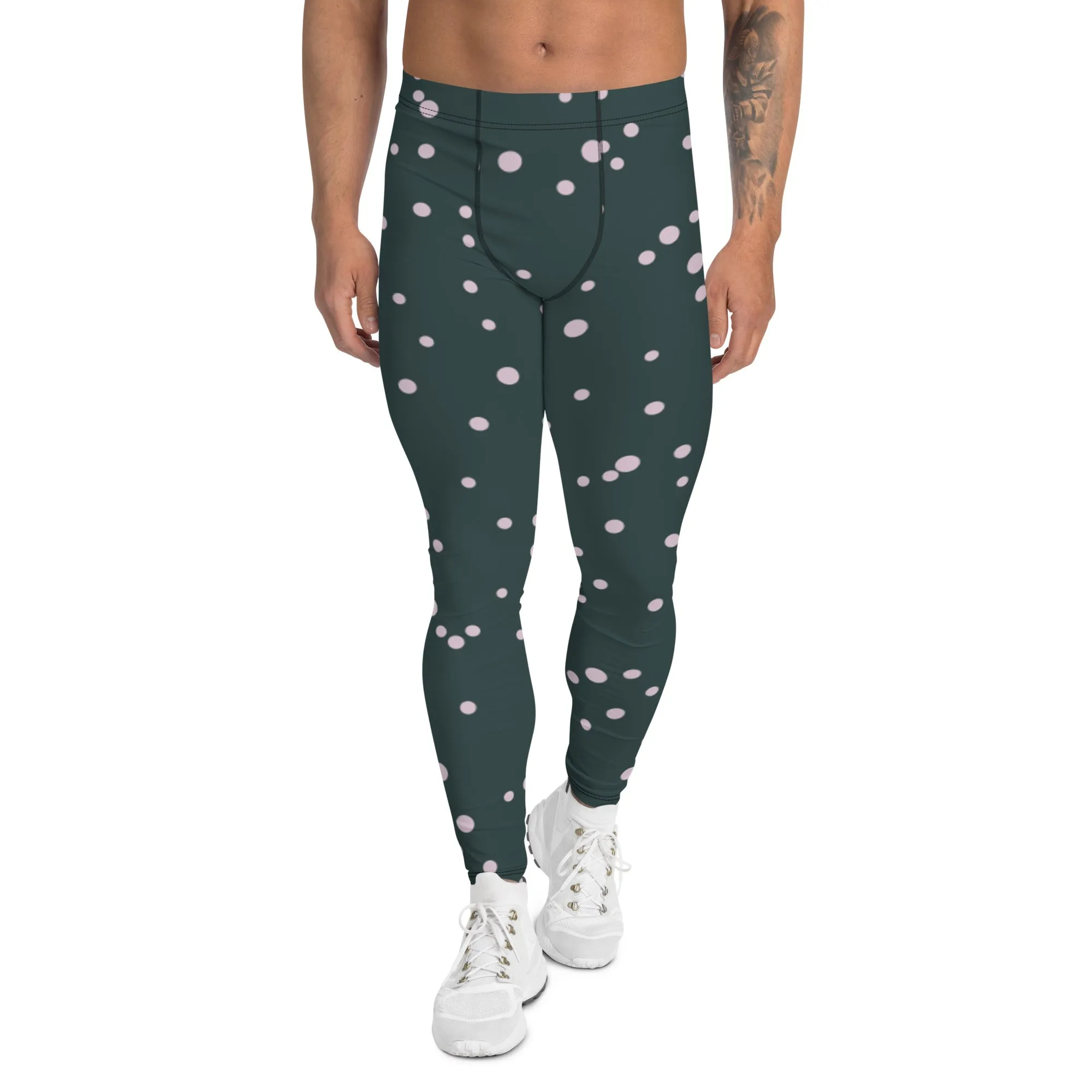 Black White Dotted Men's Leggings, Premium Fun Men's Running Tights For Polka Dots Lovers-Made in USA/EU/MX