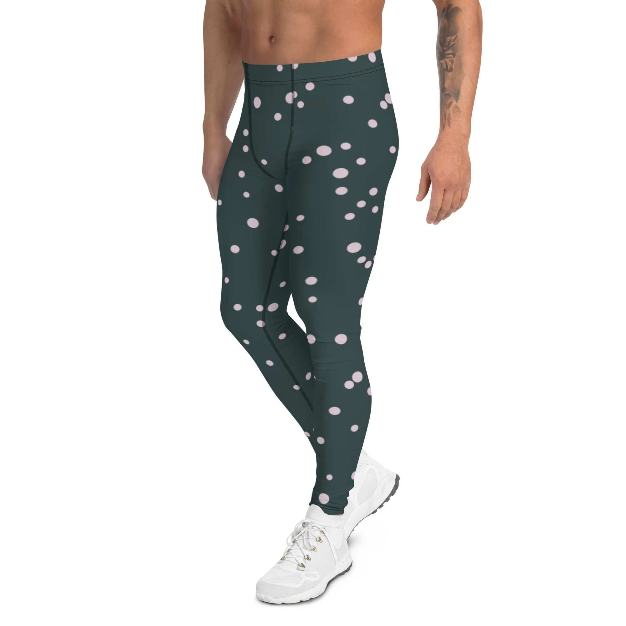 Black White Dotted Men's Leggings, Premium Fun Men's Running Tights For Polka Dots Lovers-Made in USA/EU/MX