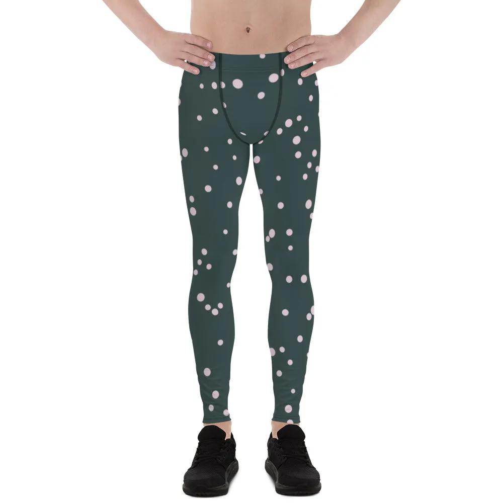 Black White Dotted Men's Leggings, Premium Fun Men's Running Tights For Polka Dots Lovers-Made in USA/EU/MX