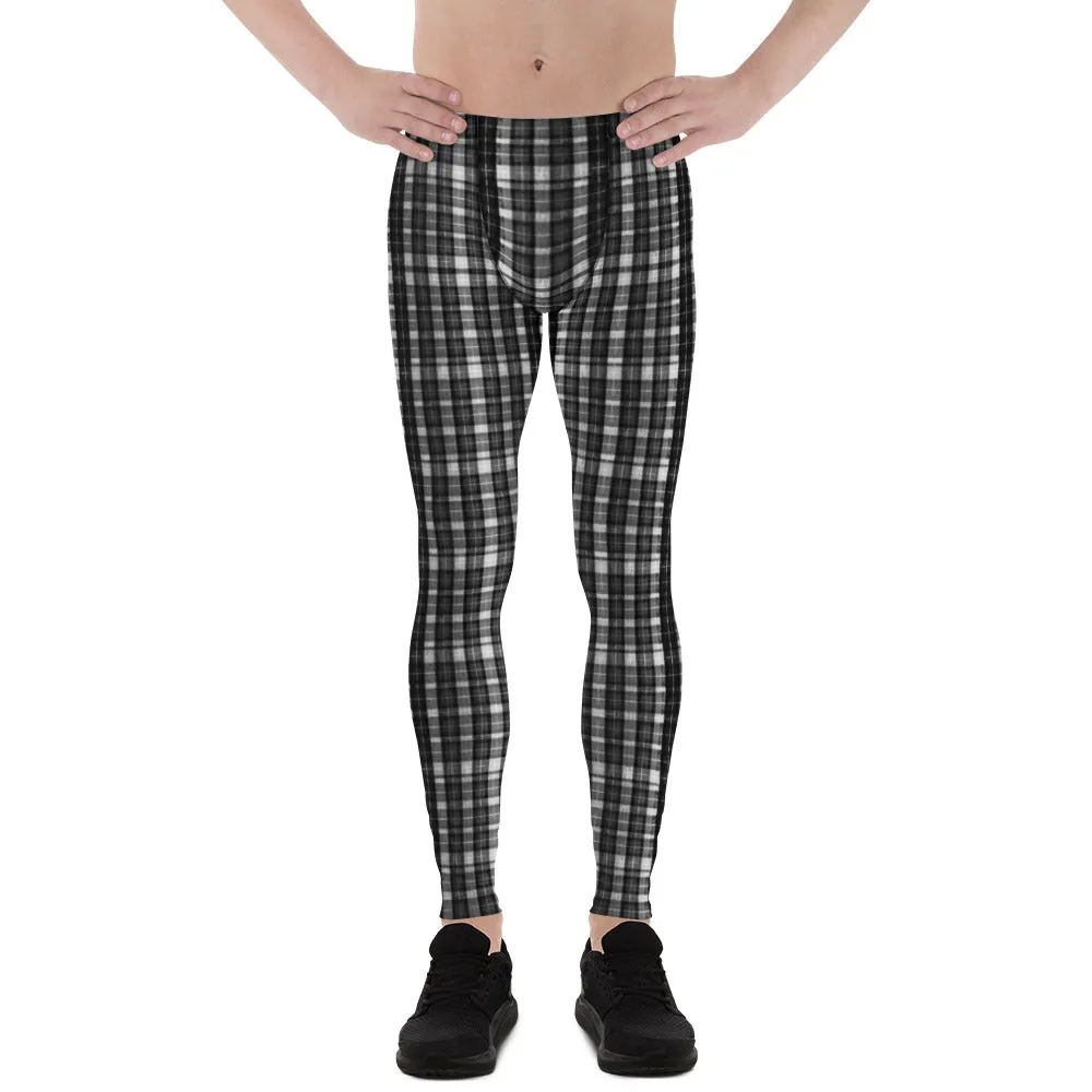 Black White Plaid Print  Meggings, Designer Tartan Plaid Printed Men's Leggings- Made in USA/ EU/ MX