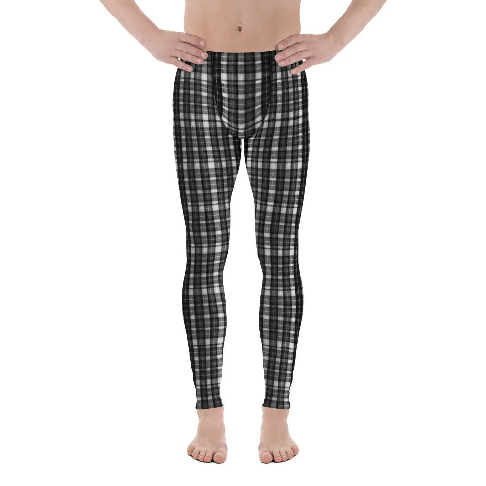 Black White Plaid Print  Meggings, Designer Tartan Plaid Printed Men's Leggings- Made in USA/ EU/ MX