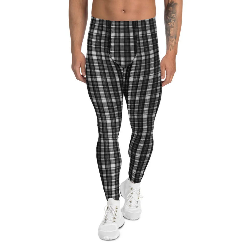 Black White Plaid Print  Meggings, Designer Tartan Plaid Printed Men's Leggings- Made in USA/ EU/ MX