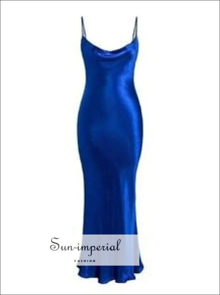 Blue Maxi Satin Dress Slim Backless Cowl Neck Cami Straps Cocktail Party Dress