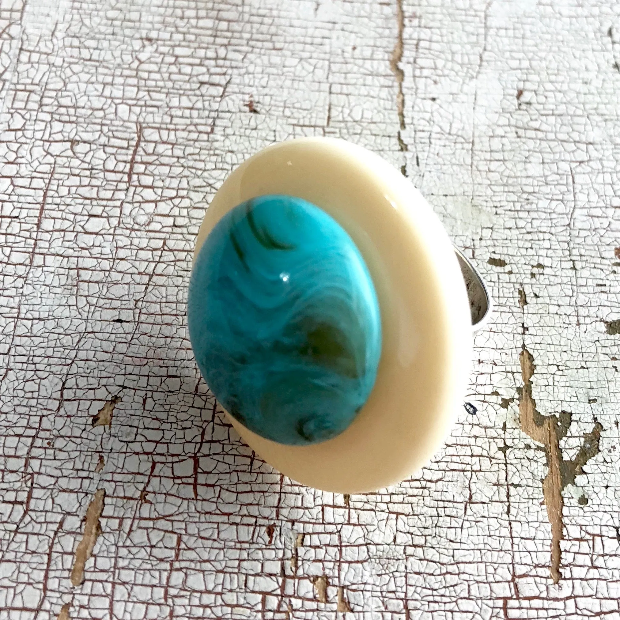 Cream & Marbled Turquoise Layered Lucite Silver Cocktail Ring