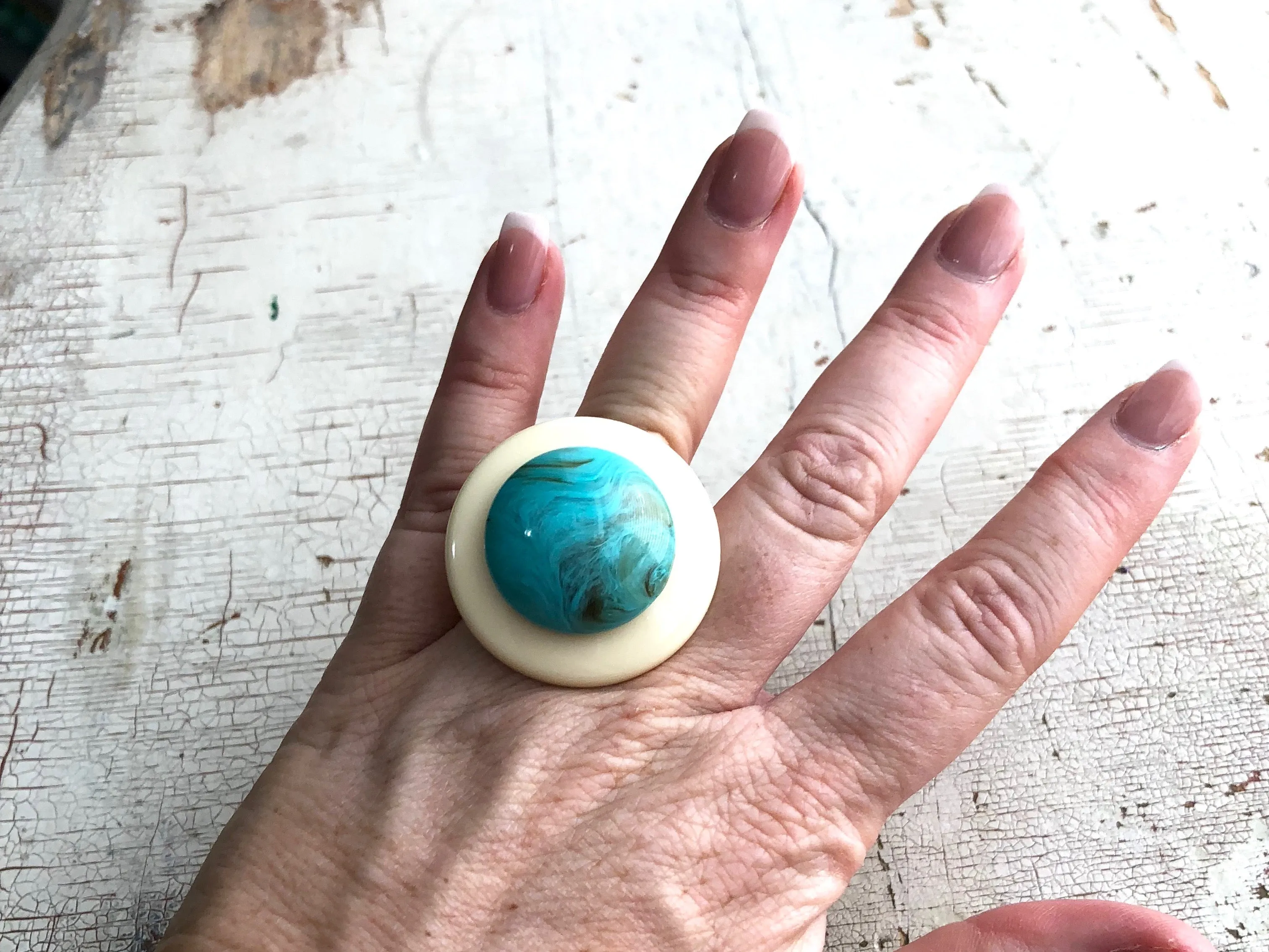 Cream & Marbled Turquoise Layered Lucite Silver Cocktail Ring