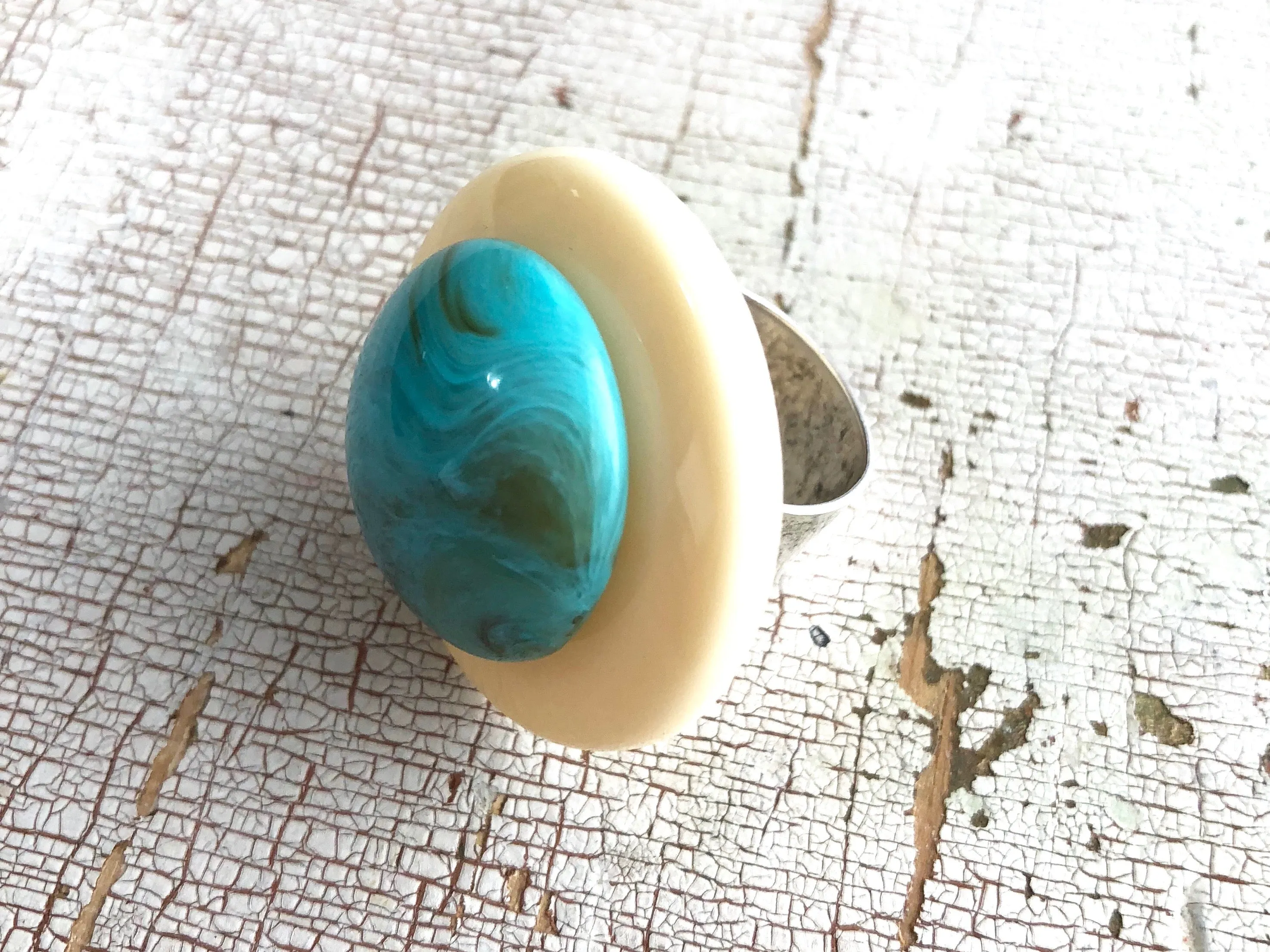 Cream & Marbled Turquoise Layered Lucite Silver Cocktail Ring