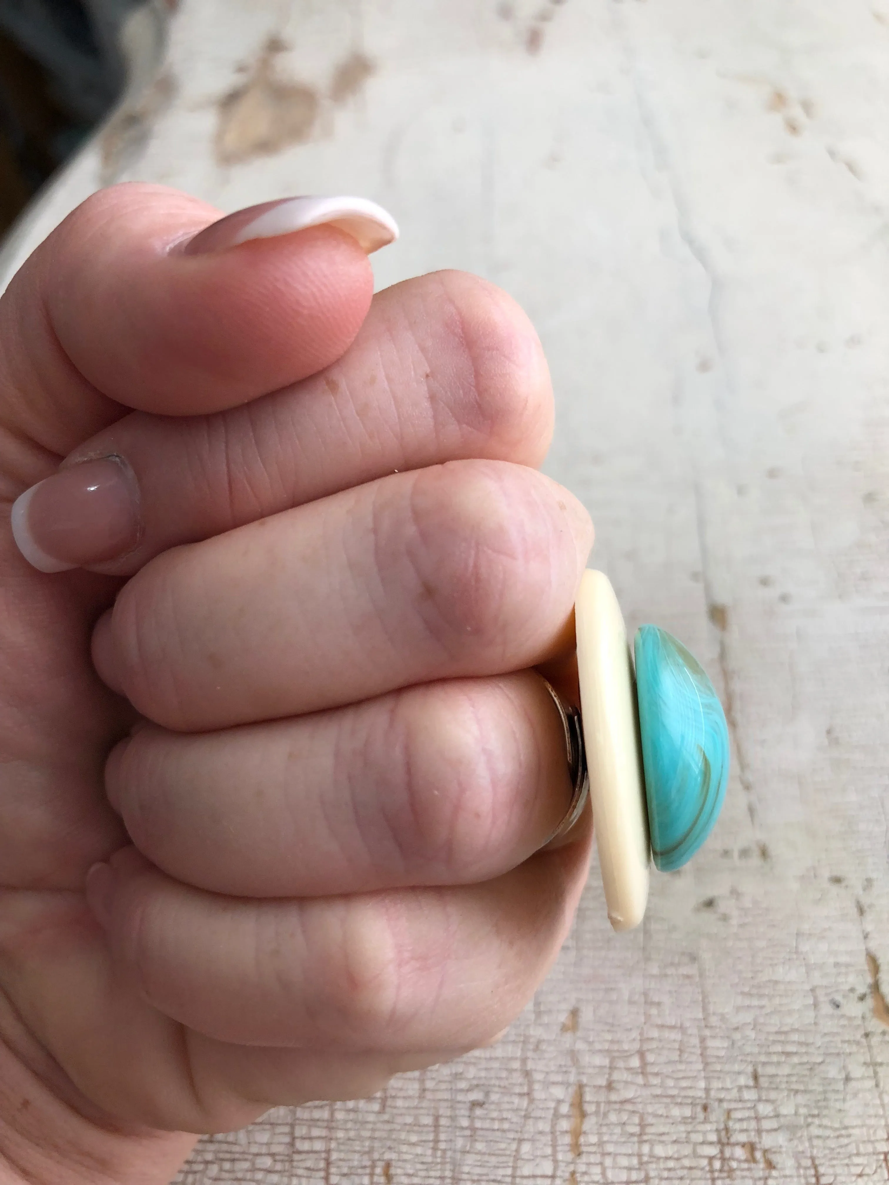 Cream & Marbled Turquoise Layered Lucite Silver Cocktail Ring