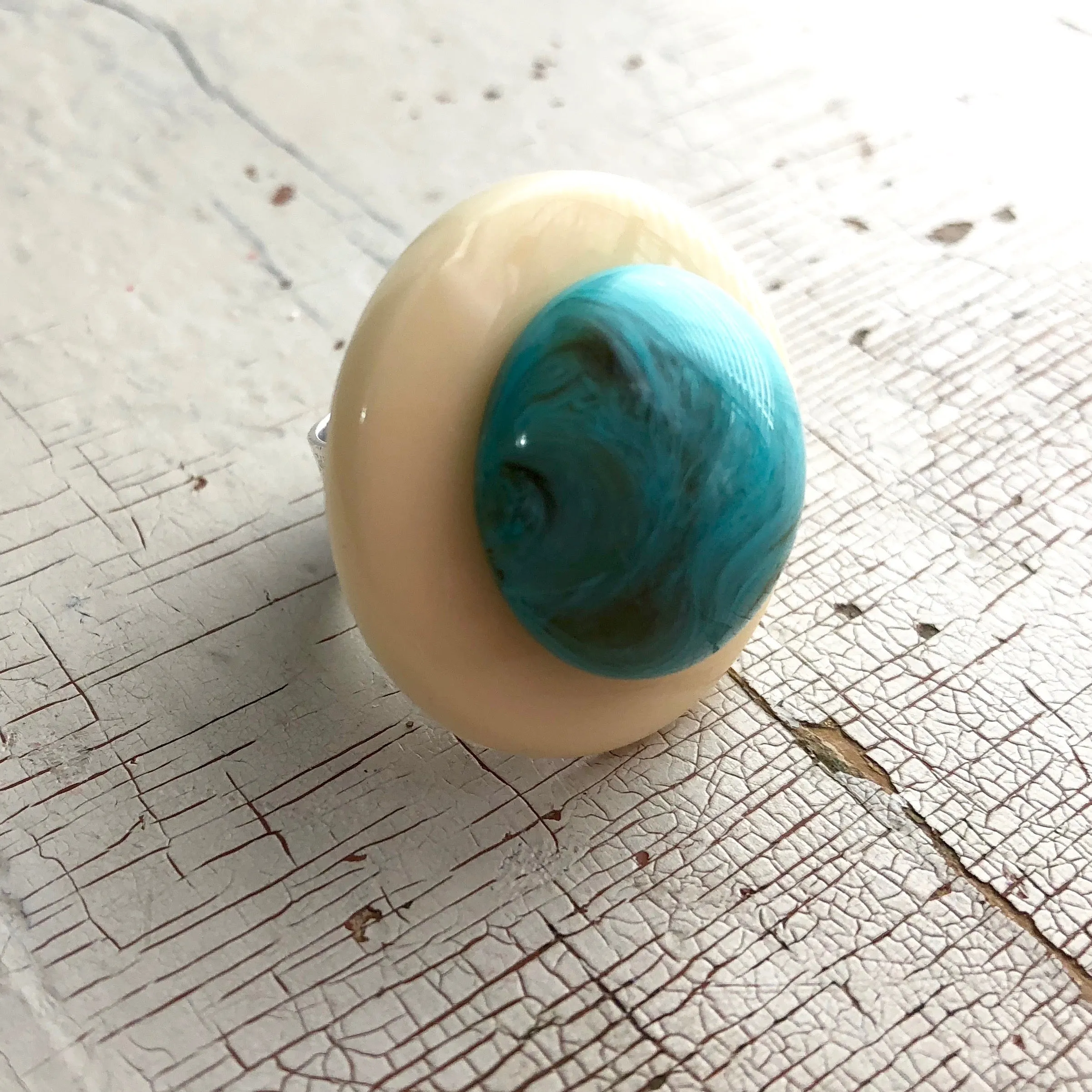 Cream & Marbled Turquoise Layered Lucite Silver Cocktail Ring