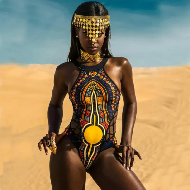 Design Sexy Bandage Swimwear Digital Printing African Style Push Up Brazilian Bikini Beach Wear Swim Suit Black Bikinis