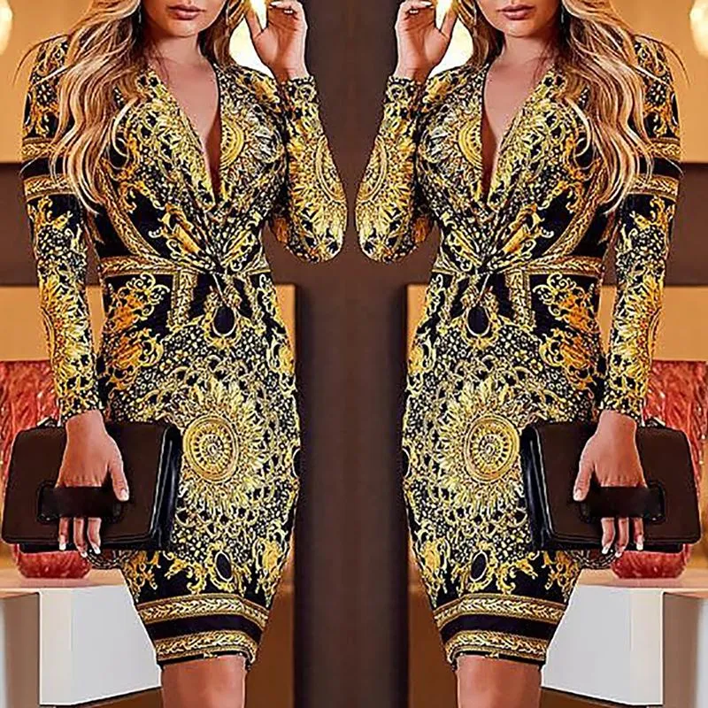 Ethnic Print Plunge Long Sleeve Dress Women Sexy v Neck Club Party Dress