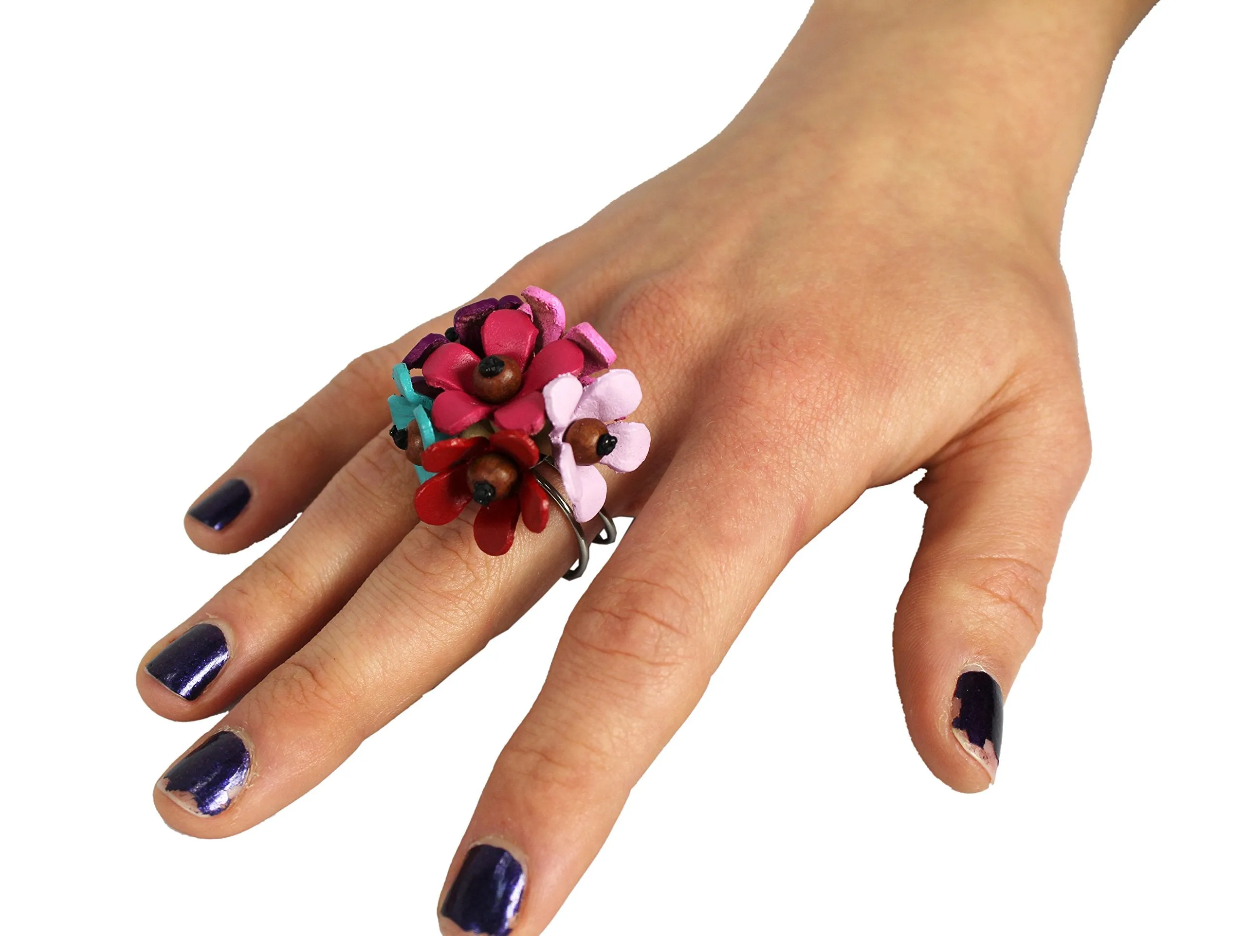 Gems Couture Jewelry Leather & Coconut Wood Flower Bloom Ring (Mixed)