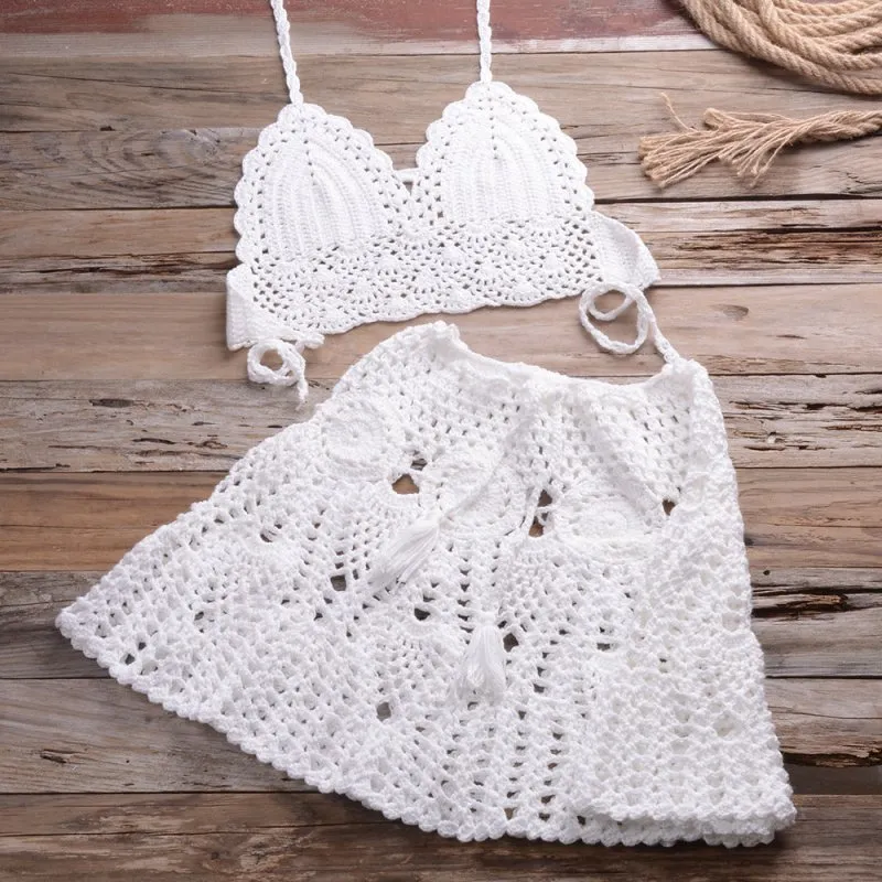 Hand Crocheting Bikini Wrapped Chest with Sexy All-Matching Hollow Out Cutout Pleated Skirt Split Swimsuit