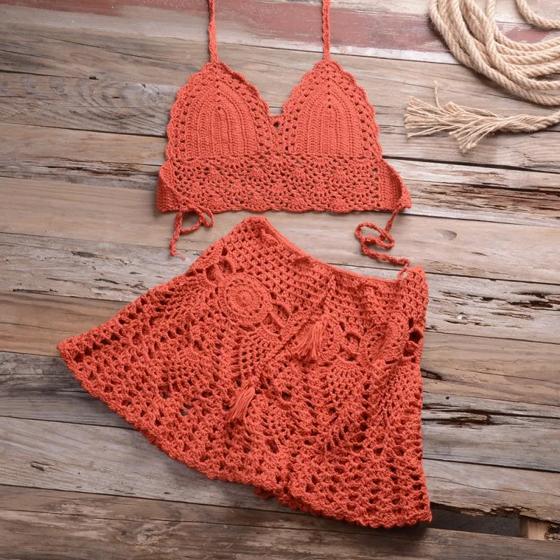 Hand Crocheting Bikini Wrapped Chest with Sexy All-Matching Hollow Out Cutout Pleated Skirt Split Swimsuit