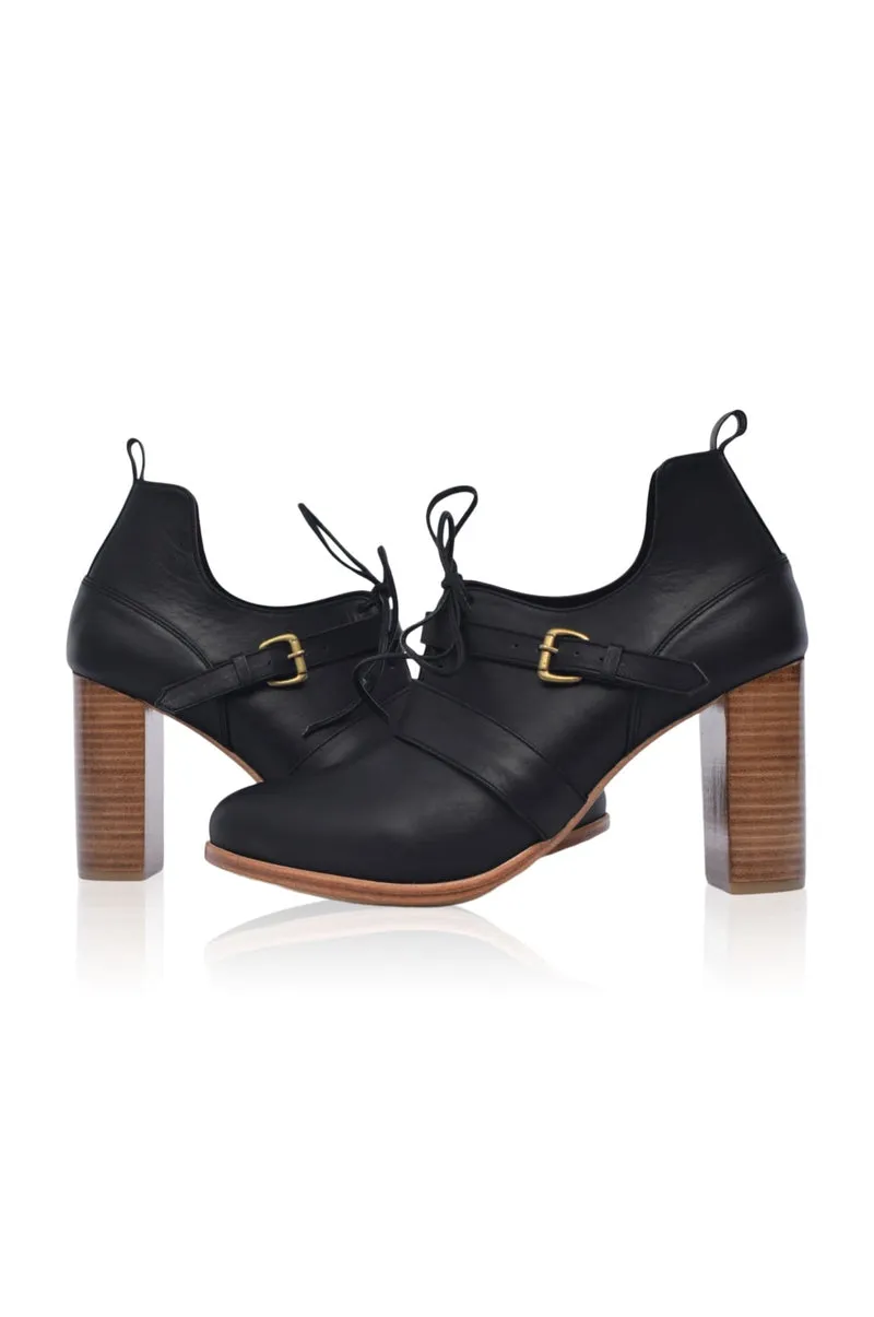 Josephine Lace up Leather Heels in Black