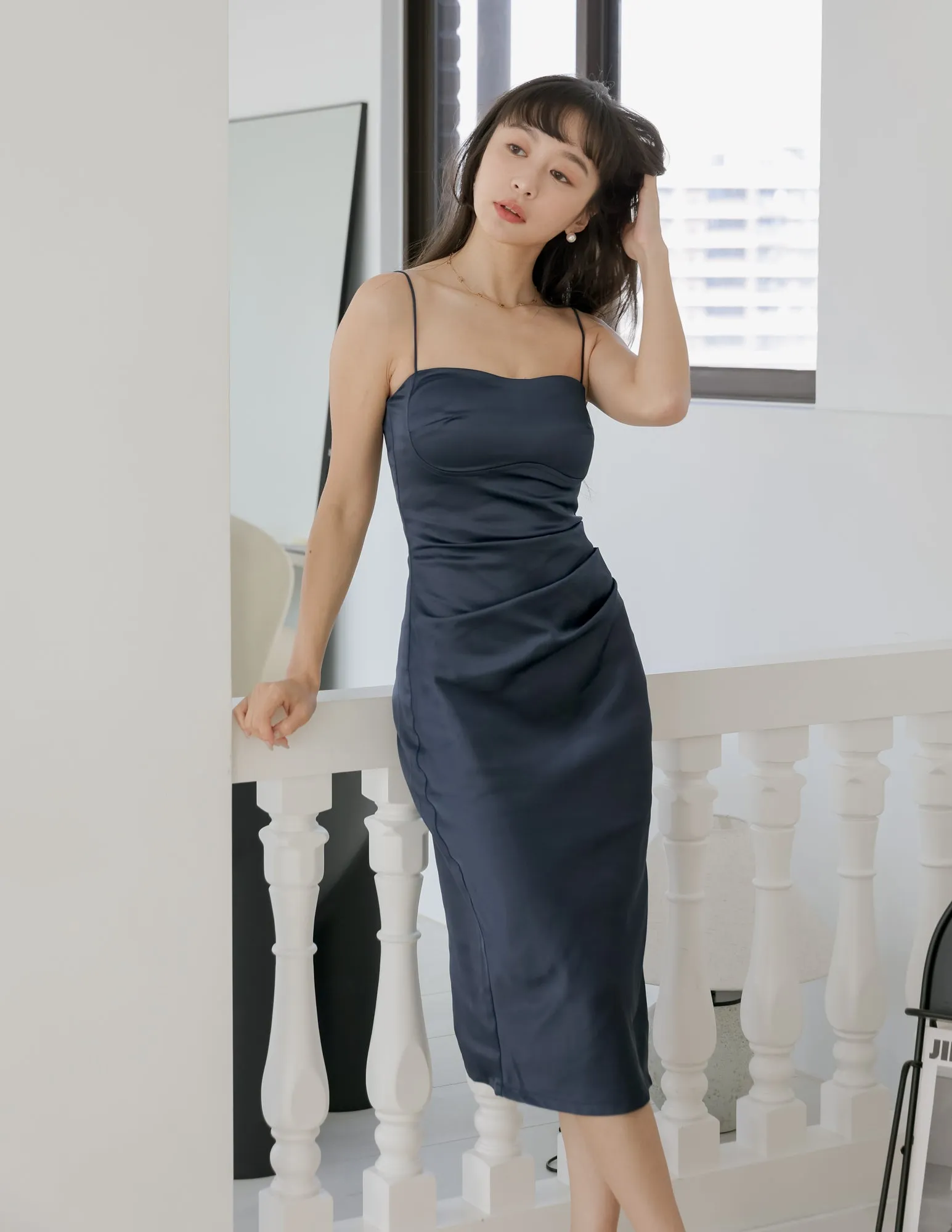 Kourtney Padded Satin Dress in Navy