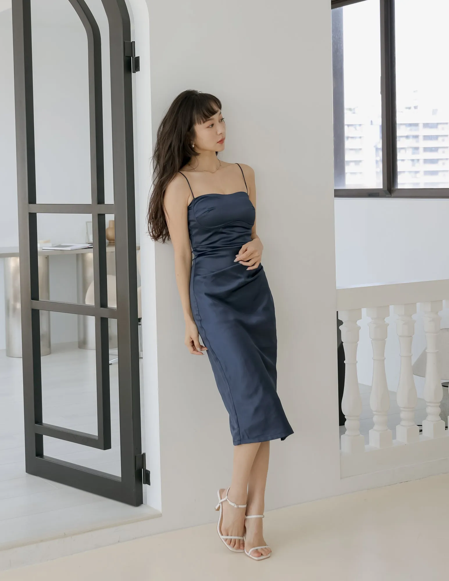 Kourtney Padded Satin Dress in Navy