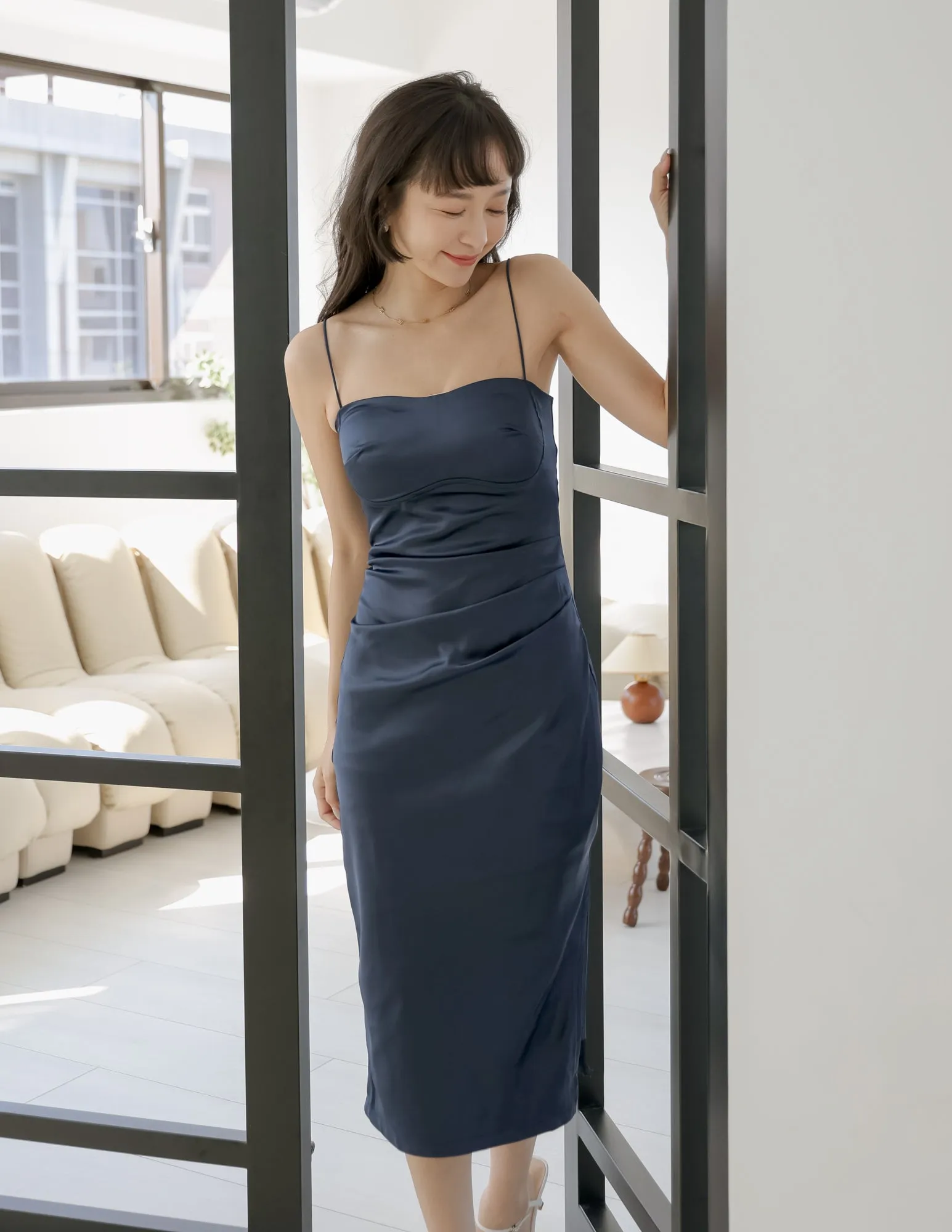 Kourtney Padded Satin Dress in Navy