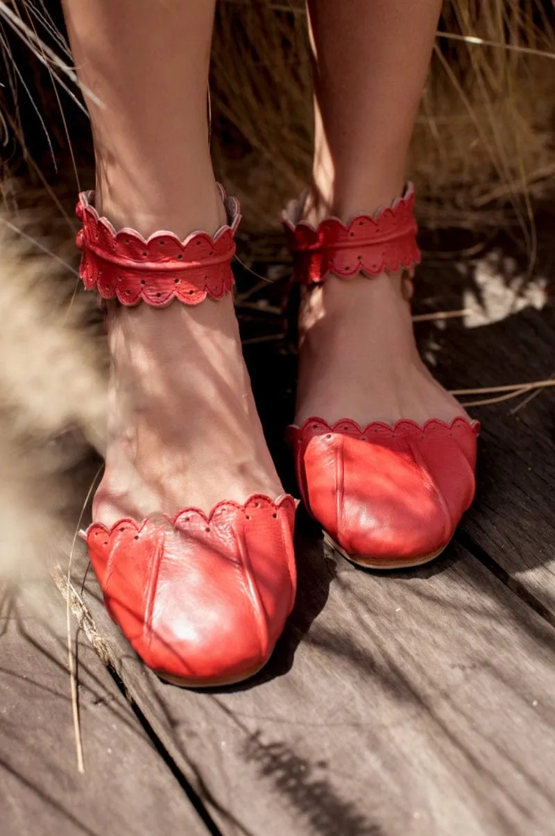 Love Bird Leather Flats in Vintage Red