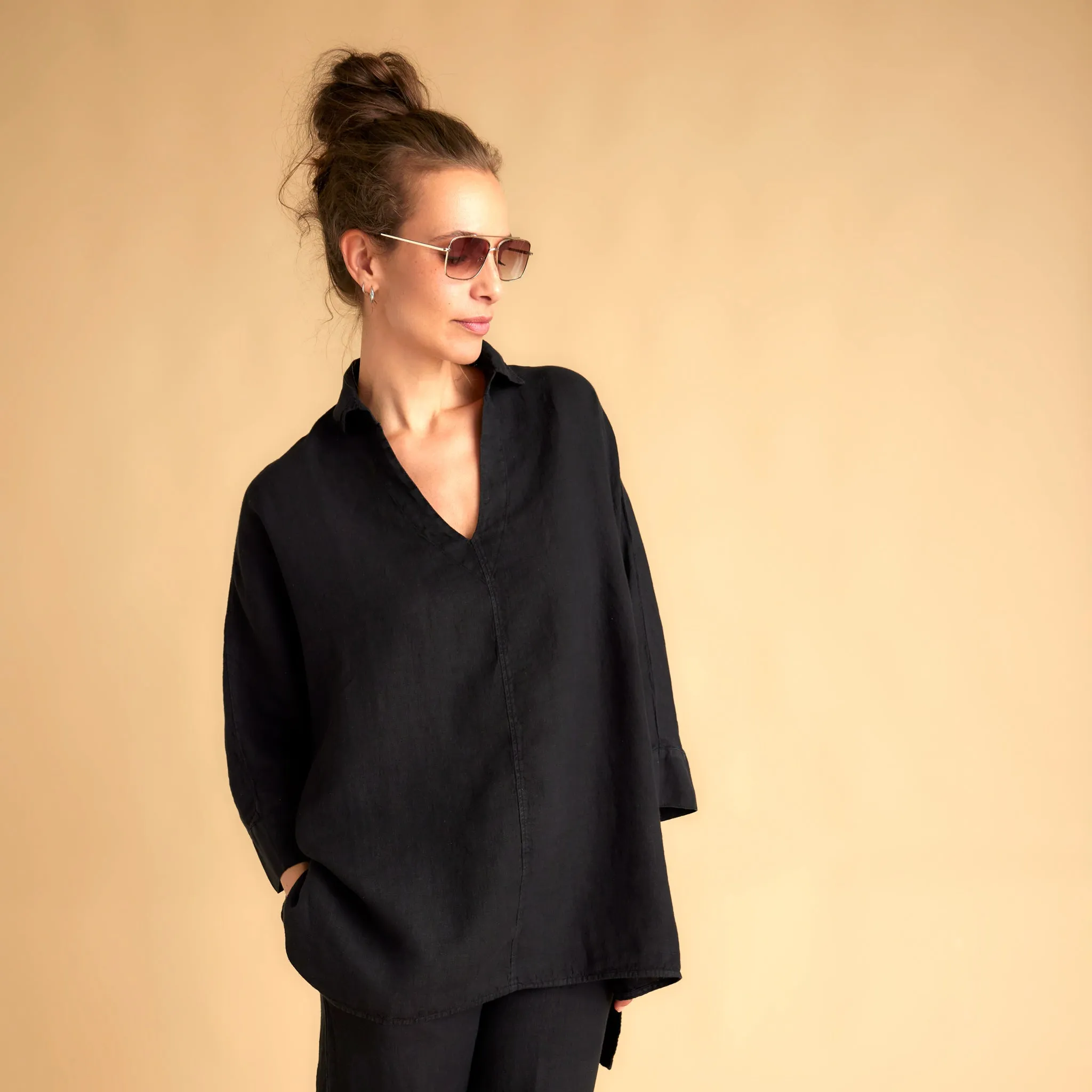 Oversize linneskjorta med krage - Black