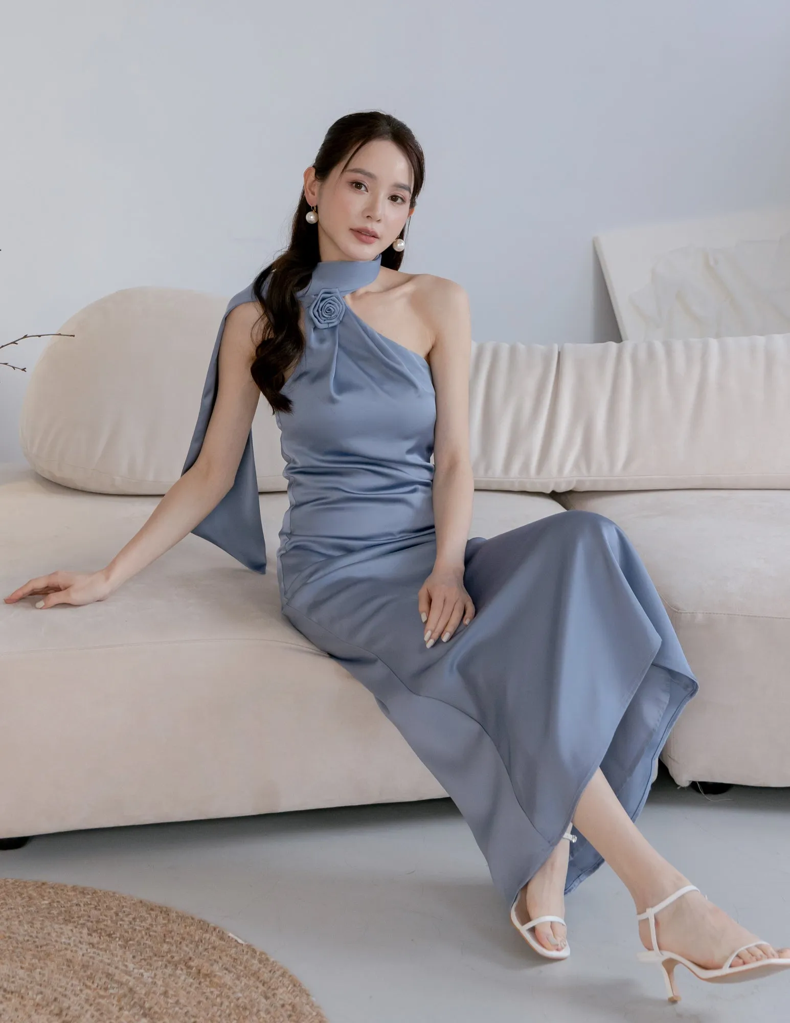 Paulina Toga Satin Dress in Blue