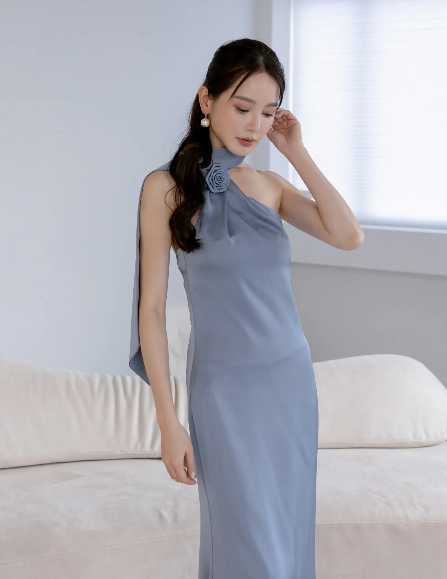 Paulina Toga Satin Dress in Blue