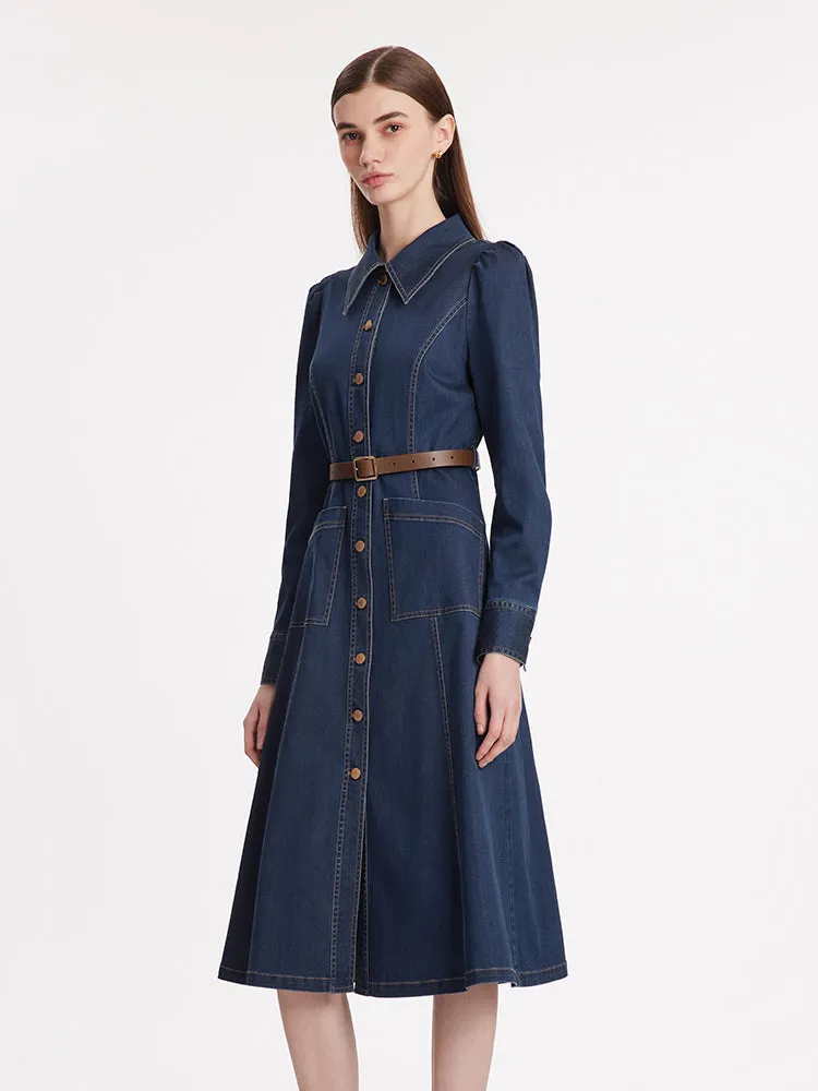 Single-Breasted Lapel Women Midi Denim Dress With Belt