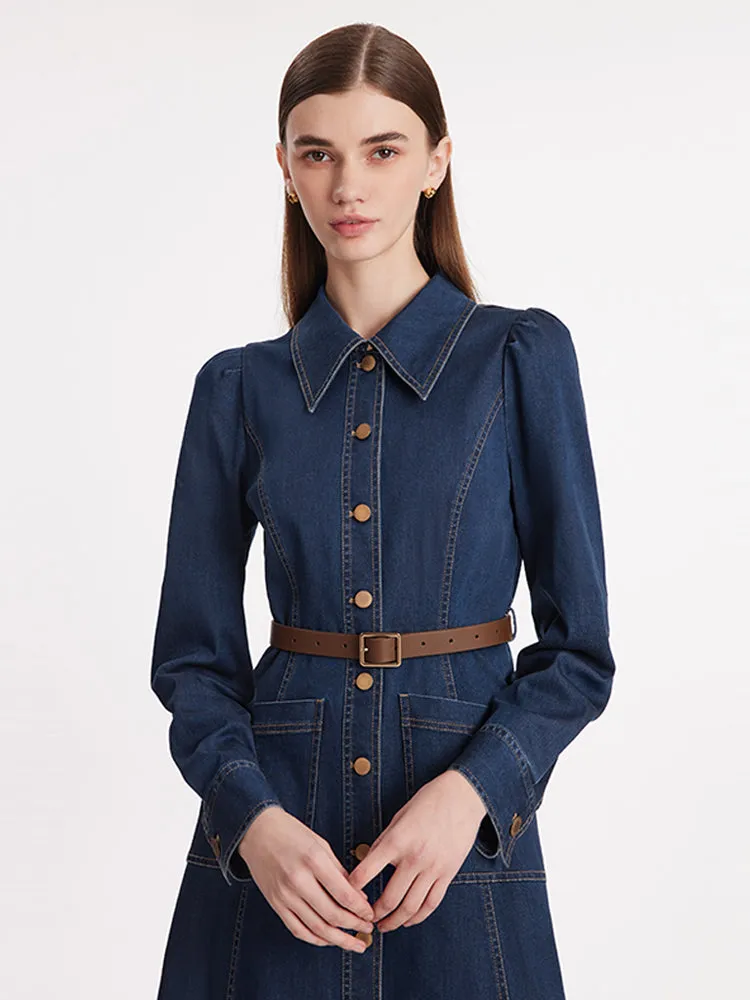 Single-Breasted Lapel Women Midi Denim Dress With Belt