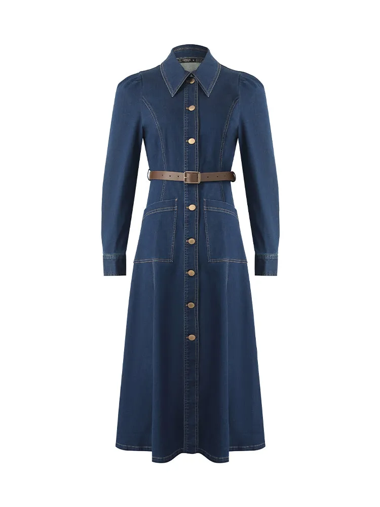 Single-Breasted Lapel Women Midi Denim Dress With Belt