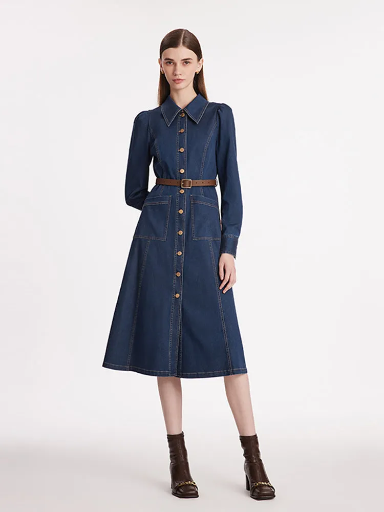 Single-Breasted Lapel Women Midi Denim Dress With Belt