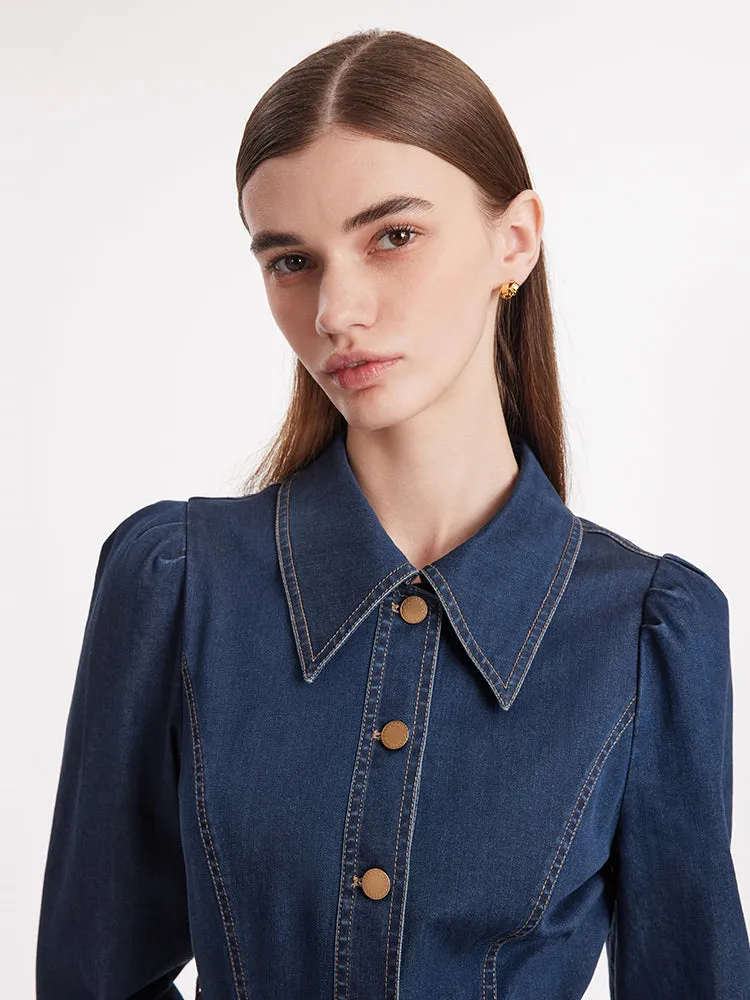 Single-Breasted Lapel Women Midi Denim Dress With Belt