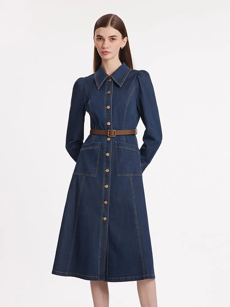 Single-Breasted Lapel Women Midi Denim Dress With Belt