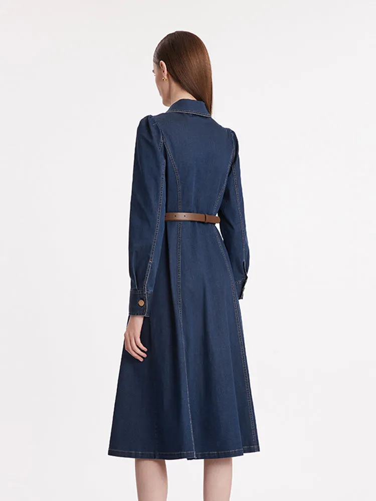 Single-Breasted Lapel Women Midi Denim Dress With Belt