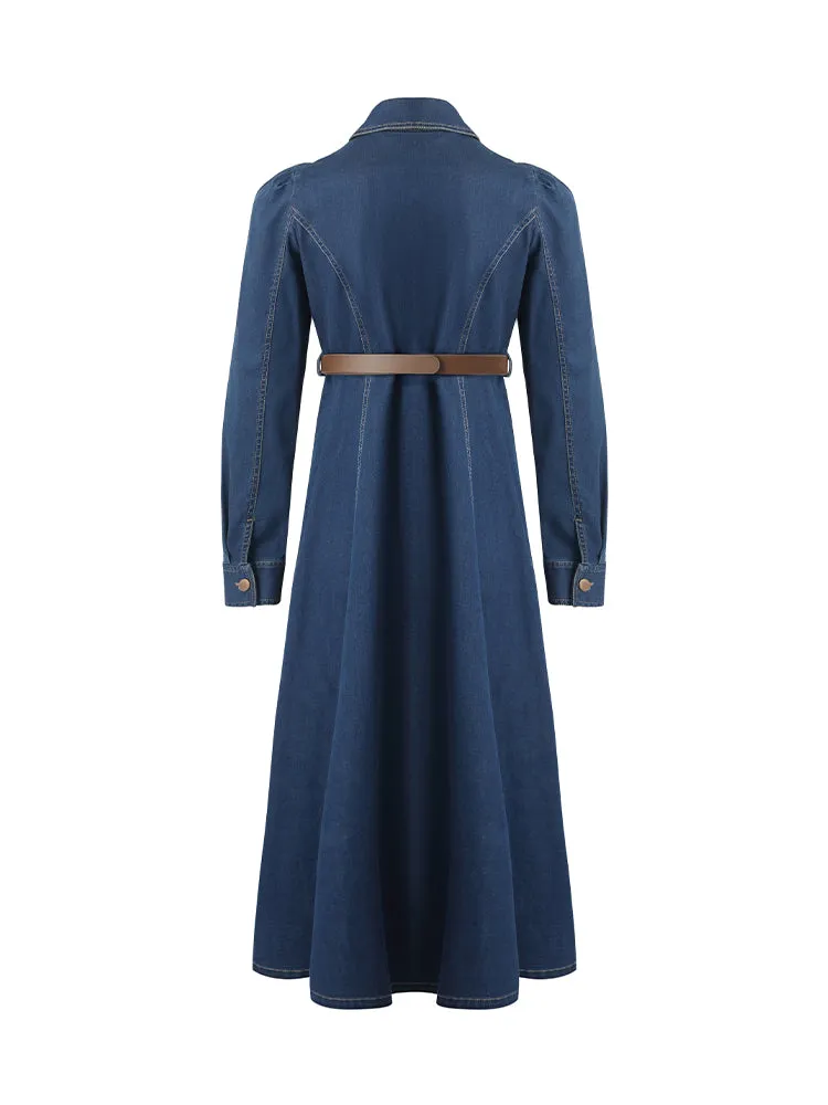 Single-Breasted Lapel Women Midi Denim Dress With Belt